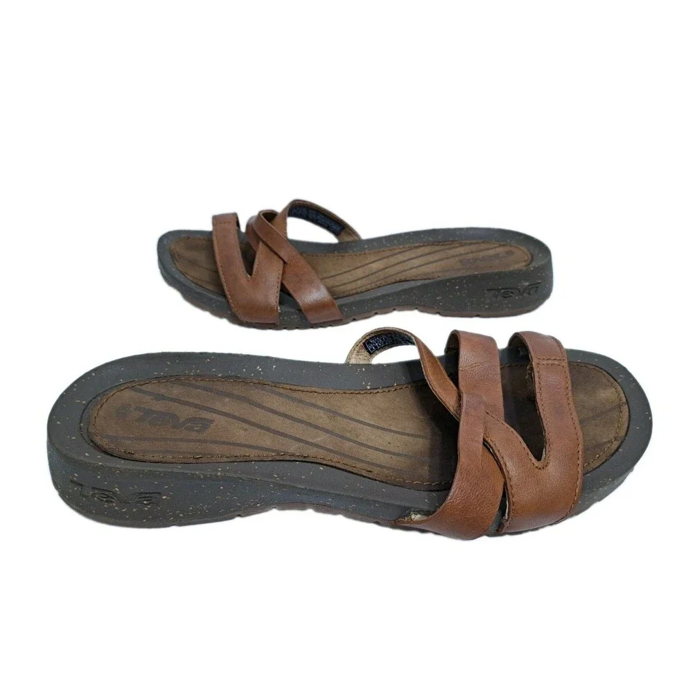 Teva Brown Leather Strap Sandals Womens Size 9 Strappy Beach Pool Flip Flops